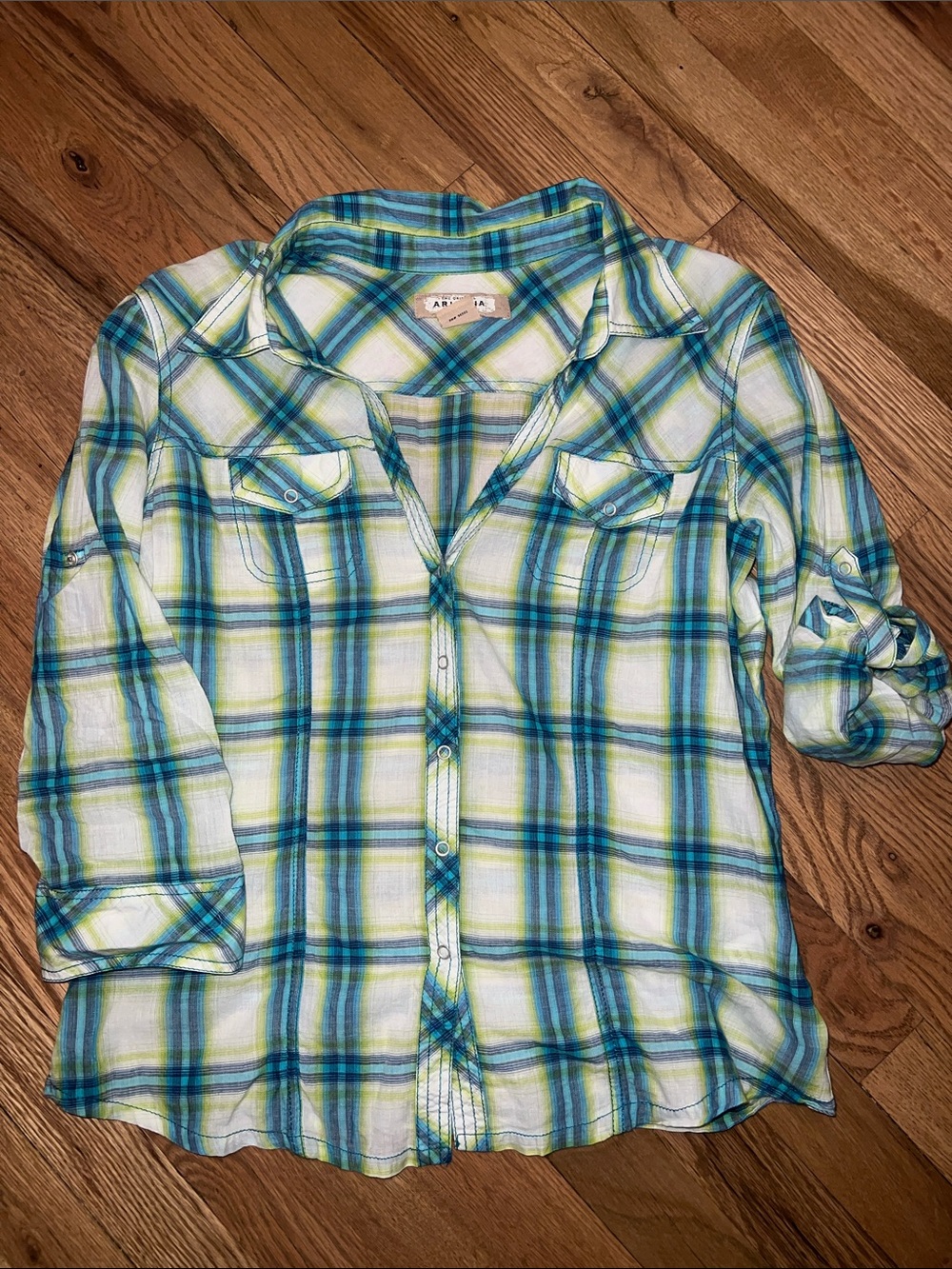 Arizona Jean Company Teal & Lime Plaid Button-Up Shirt Size Large - Picture 6 of 6